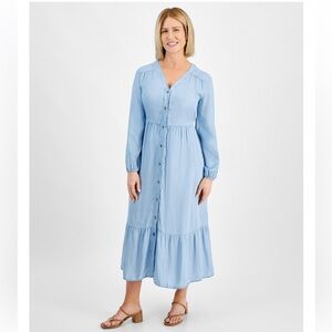 Petite Chambray V-Neck Tiered Shirtdress, From Macy's